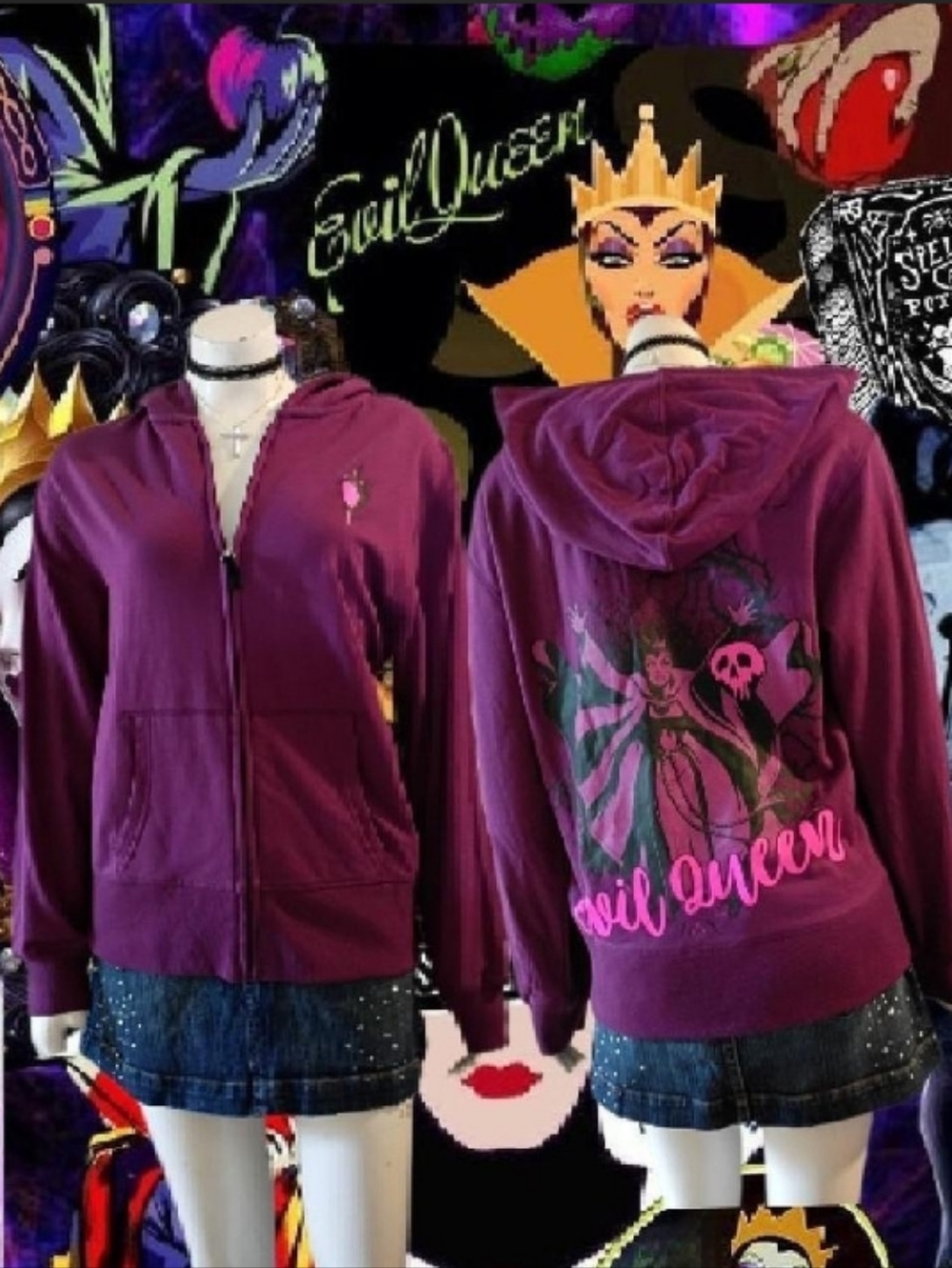 NWT Disney Parks Purple Hot Pink & Black Evil Queen Zip-Up Hoodie Sz M